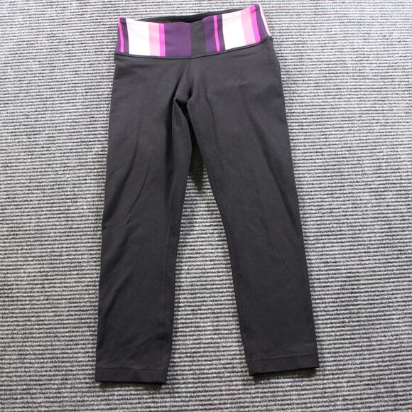 Lululemon Wunder Under Crop Womens 2 Black Pink Stripe Luon - Picture 1 of 7